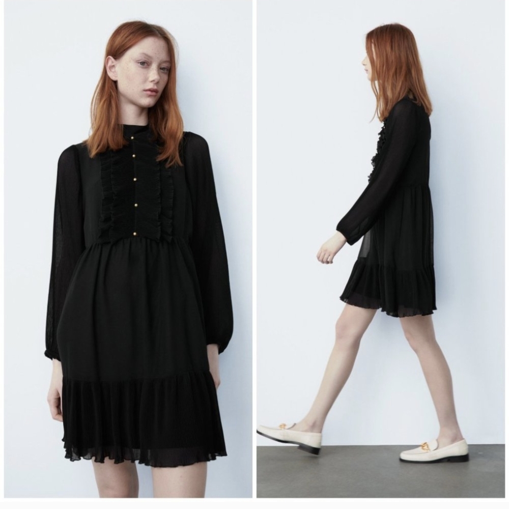 Zara Peter semi sheer overlay Pan neckline‎ Long sleeve dress black size xs
